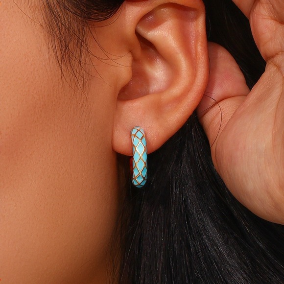 Light Blue Geometric Pattern Hoop Earrings 18K Gold Plated Stainless - Picture 3 of 5